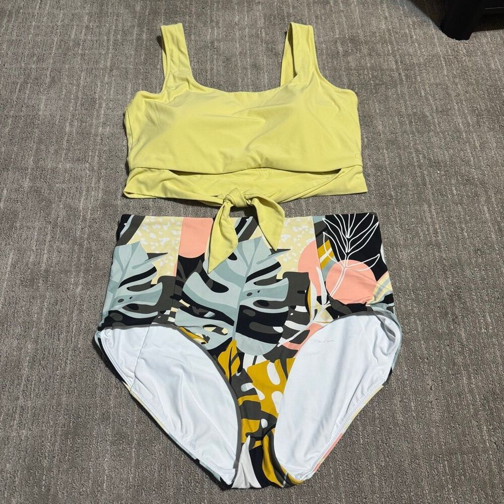 CALIA Yellow Green Tropical Botanical Print High Rise Bikini Swim Set XL